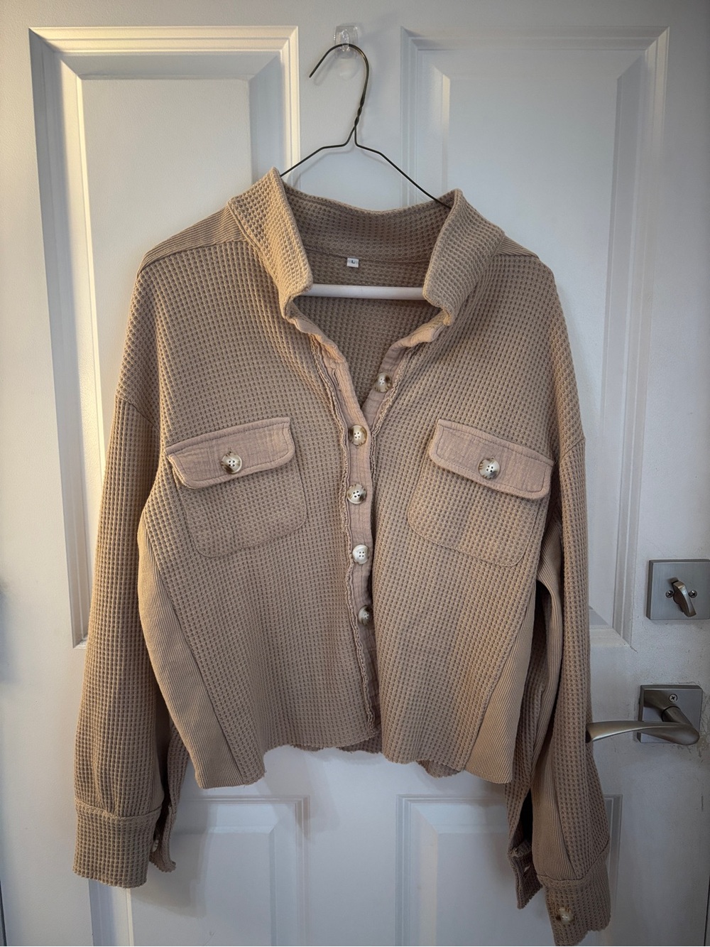 Cropped Waffle Knit Shacket in Taupe - Picture 2 of 2